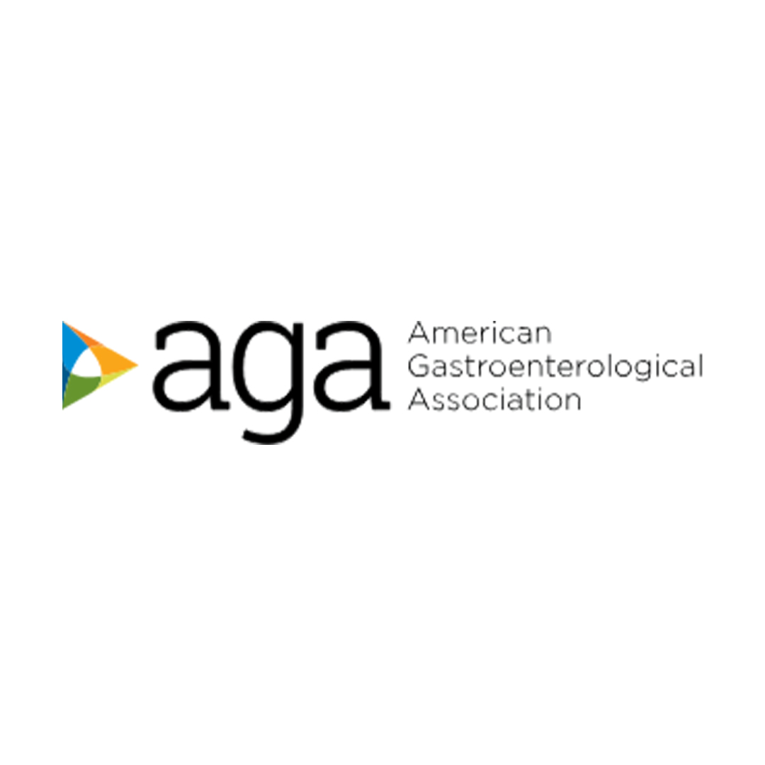 Logotipo de la American Gastroenterological Association con triángulo multicolor y texto 'aga'.