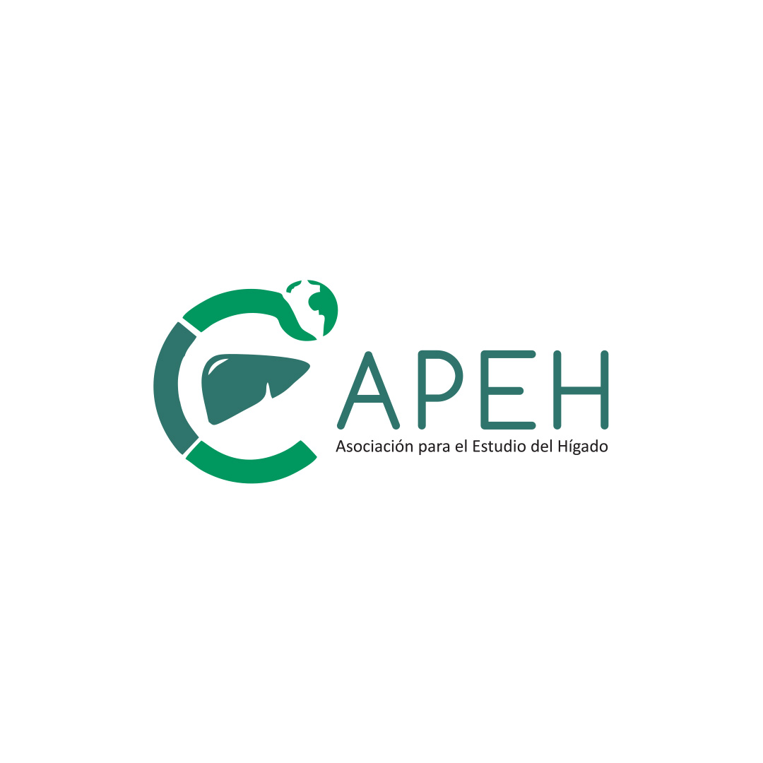 Logotipo de APEH con un diseño que incluye un hígado estilizado dentro de una letra C verde y un globo terráqueo pequeño, junto al texto 'APEH Asociación para el Estudio del Hígado'.