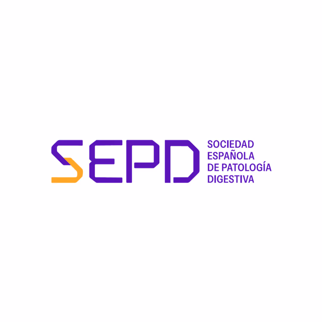Logotipo de SEPD con texto Sociedad Española de Patología Digestiva en letras moradas y naranjas.