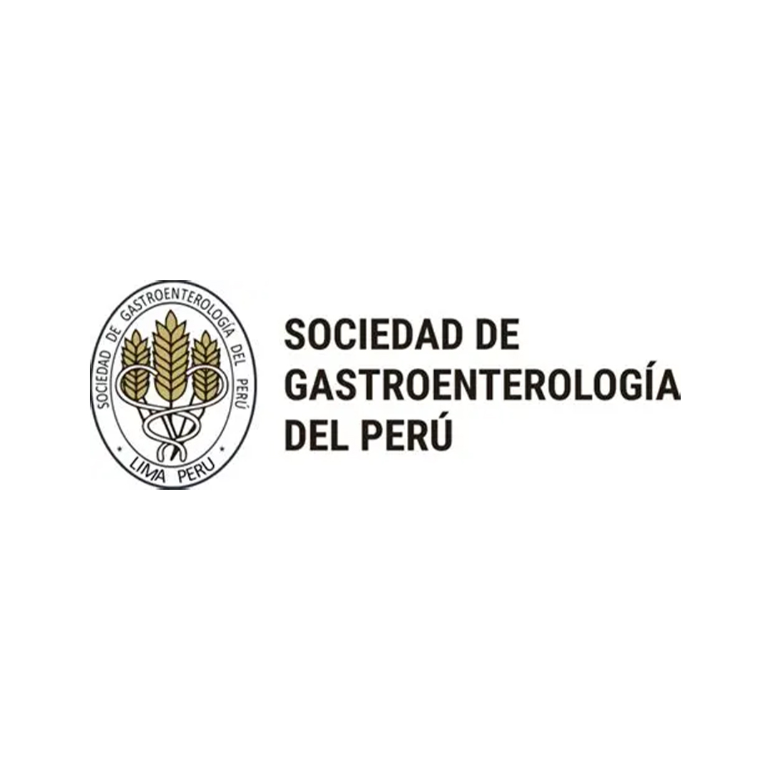 Logo de la Sociedad de Gastroenterología del Perú con tres espigas doradas y texto a la derecha.