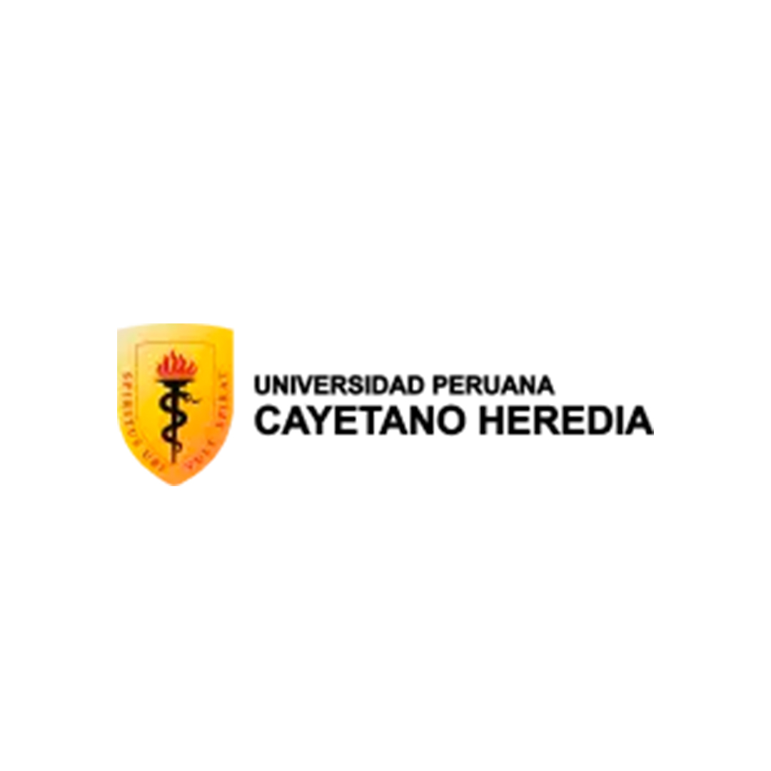 Escudo con una vara de Asclepio con llama roja y texto 'Universidad Peruana Cayetano Heredia'.
