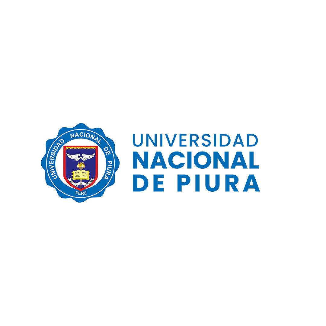 Escudo circular azul de la Universidad Nacional de Piura con un águila blanca, una antorcha y texto, junto al nombre de la universidad en letras azules.